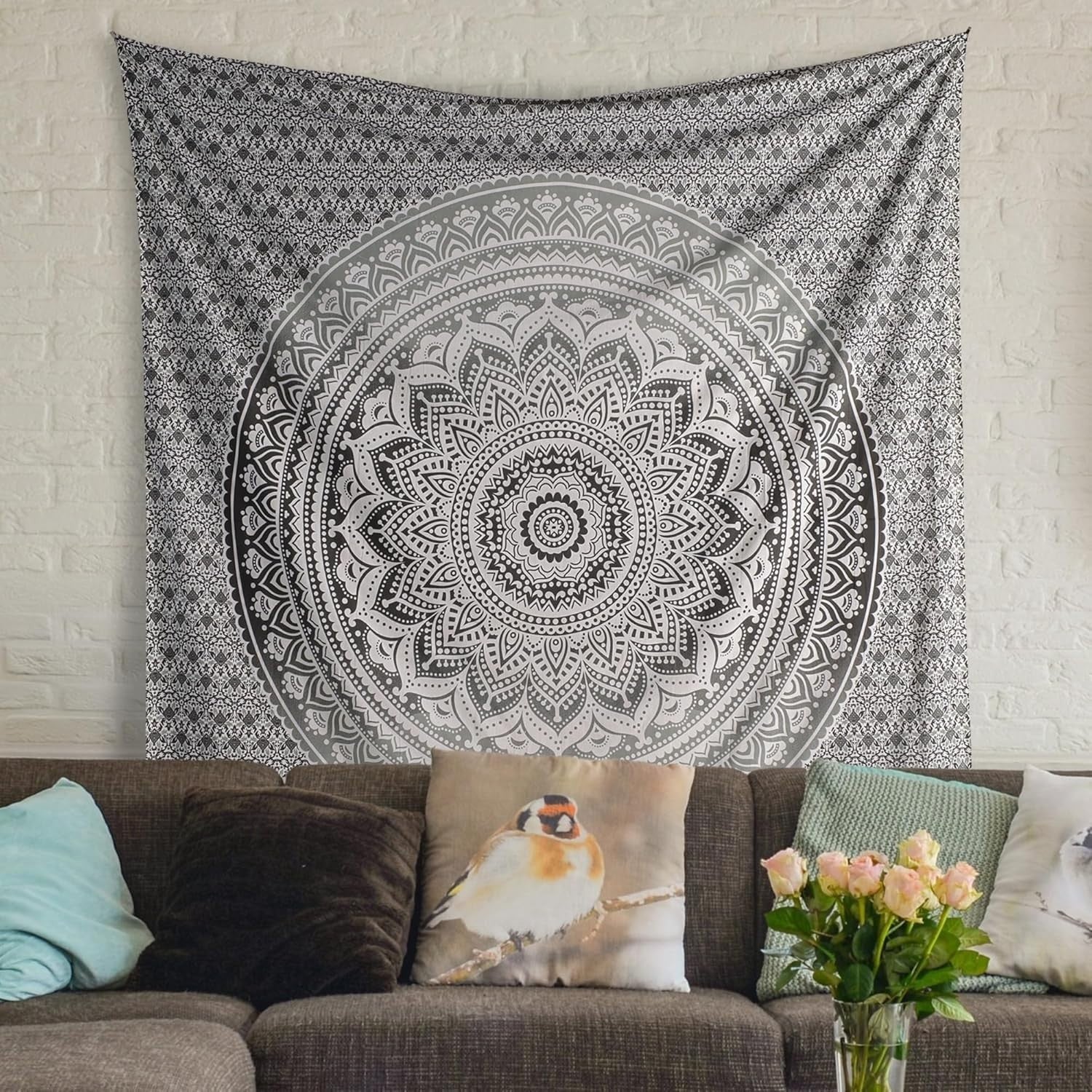 Hippie Mandala Wall Hanging Black White Boho Tapestry 85x90in
