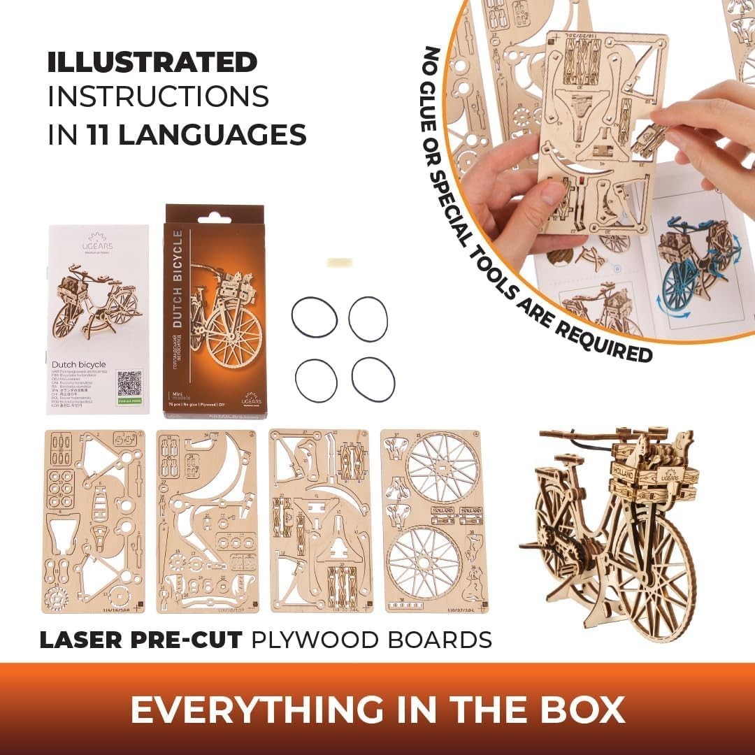 3D Wooden Bicycle Puzzle Kit with Moving Chain Drive & Realistic Pedals