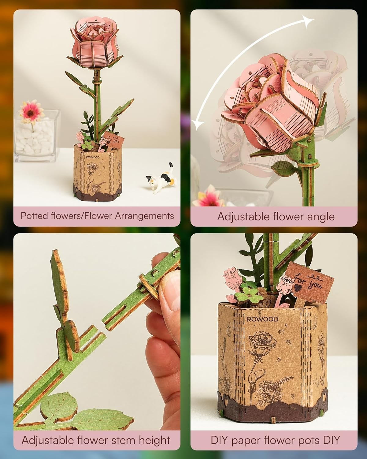 DIY 3D Wooden Pink Rose Flower Puzzle Kit – Unique Home Décor Gift