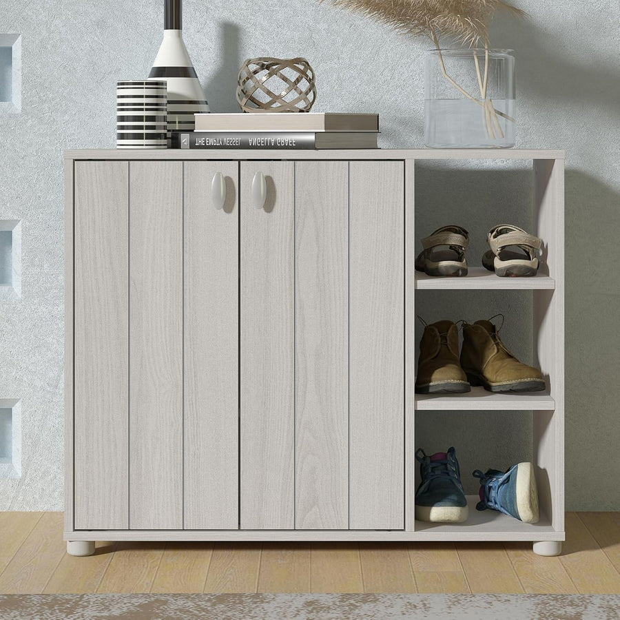 Modern Shoe Storage Cabinet with Doors, Oak Finish, Fits 12 Pairs, Entryway