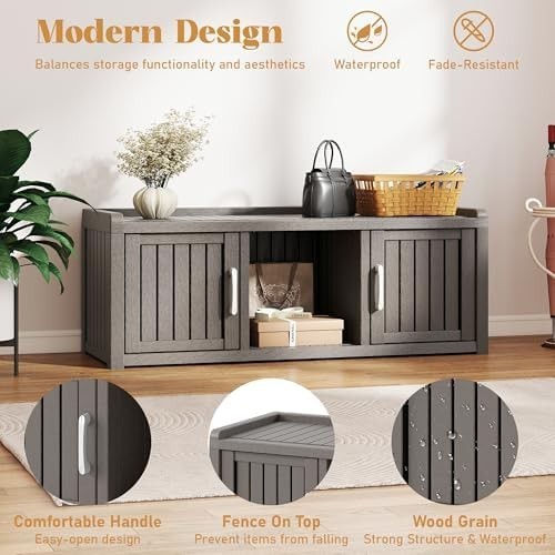 Waterproof Shoe Storage Cabinet Bench 2 Door Resin Unit with Shelves Grey