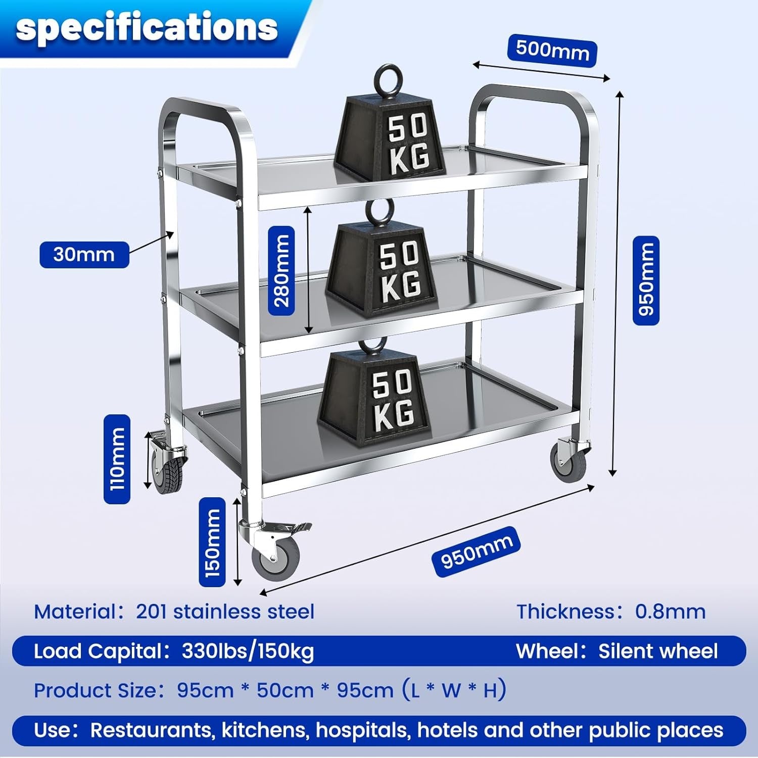 3 Tier Stainless Steel Kitchen Trolley Cart on Wheels Lockable Serving Cart