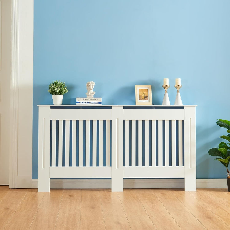 White Radiator Cover Large 152cm Modern Slatted Wood Cabinet Heating Shelf