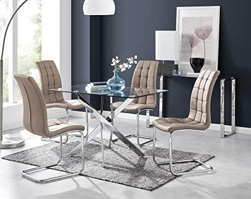 Glass Dining Table Set with 4 Cappuccino Grey Chairs Modern Chrome 120x70cm