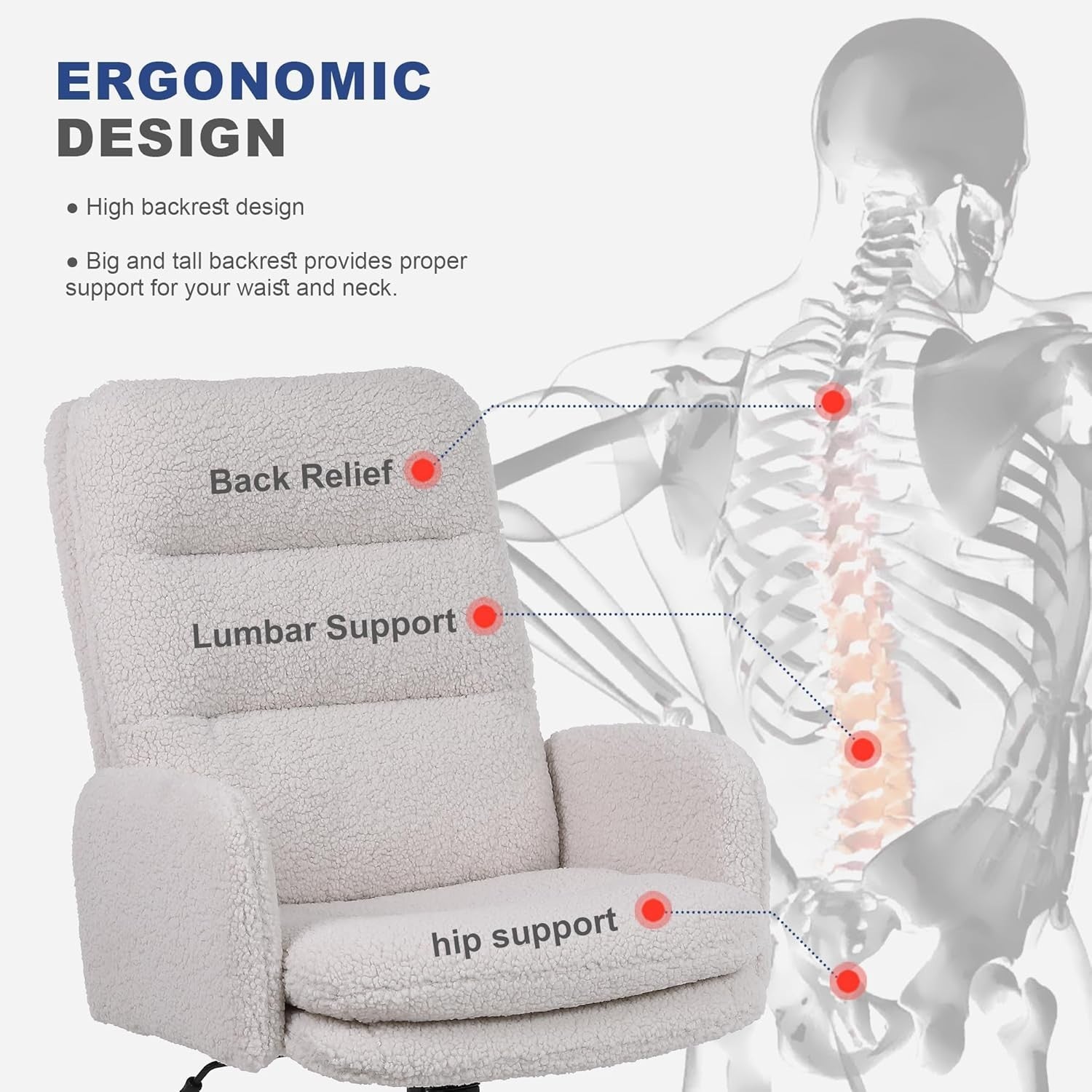 Ergonomic Desk Chair Reclining Swivel Office Home Adjustable Height Cream