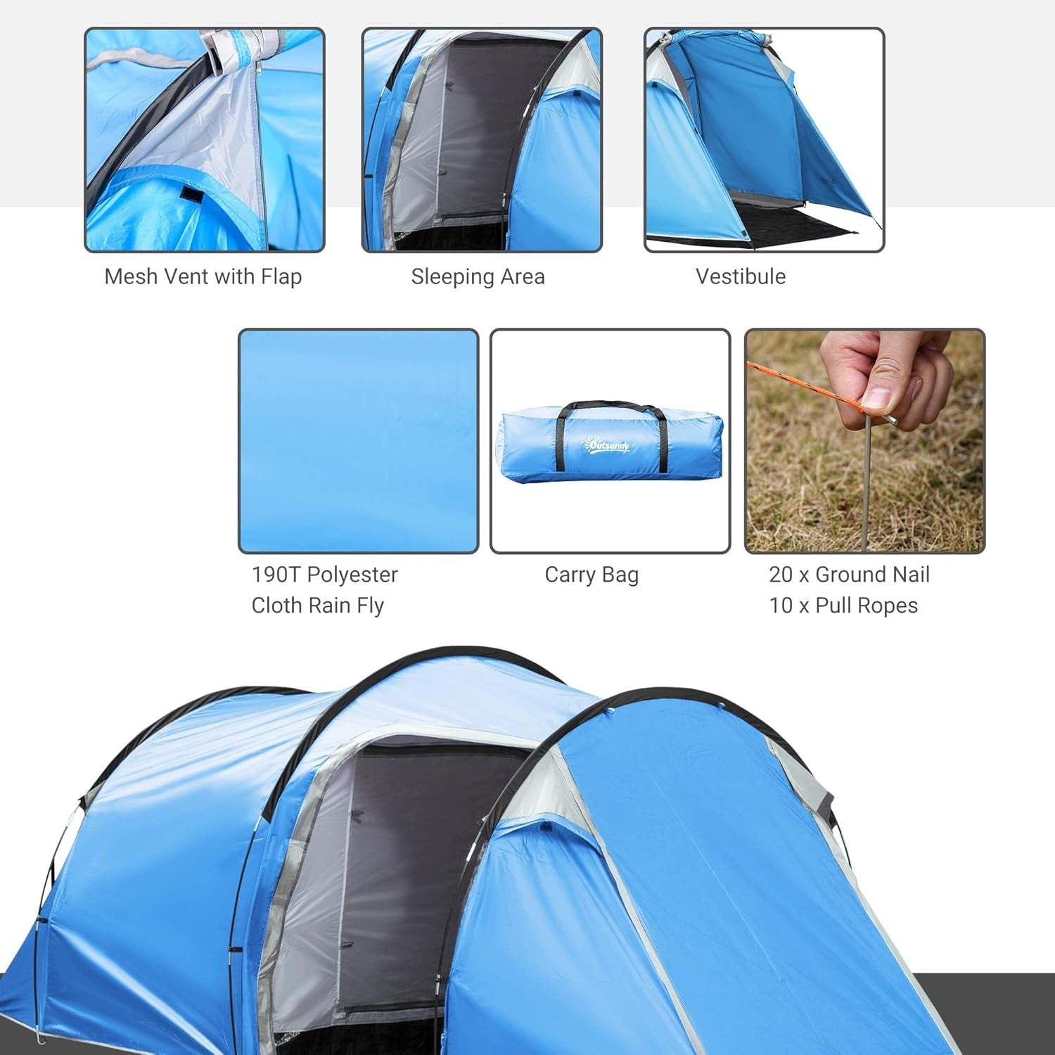 Blue 2-3 Person Outsunny Tunnel Camping Tent – Waterproof, Lightweight