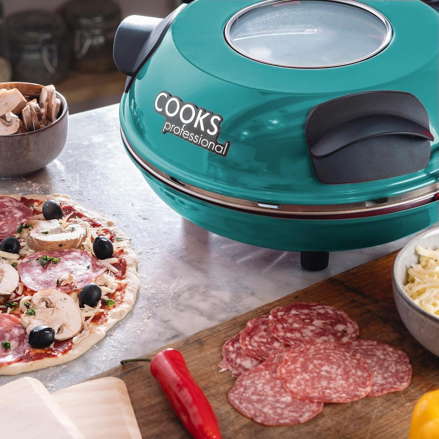 1200W Electric Pizza Oven 31cm Stone Base Glass Timer Cutter Teal