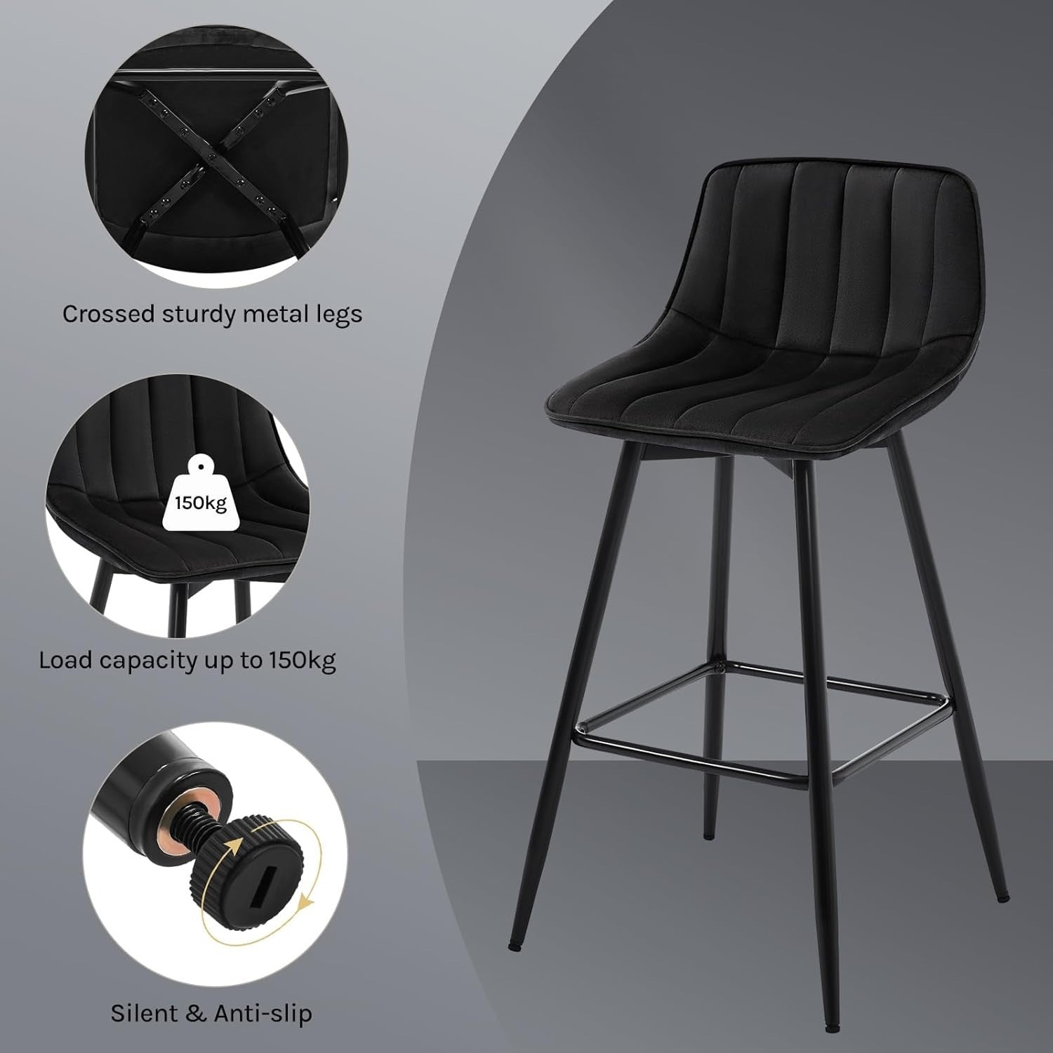 Retro Velvet Bar Stools Set of 2 Black Metal Kitchen Counter Chairs