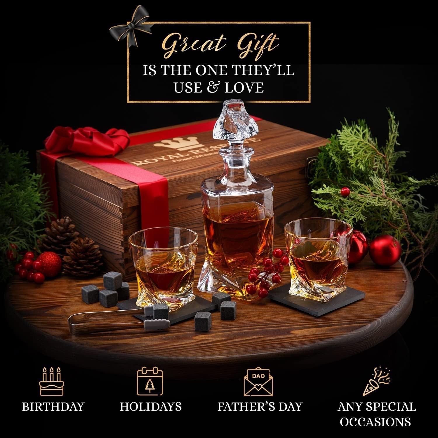 Premium 1000ml Twisted Whisky Decanter Set with Glasses Stones & Wooden Box