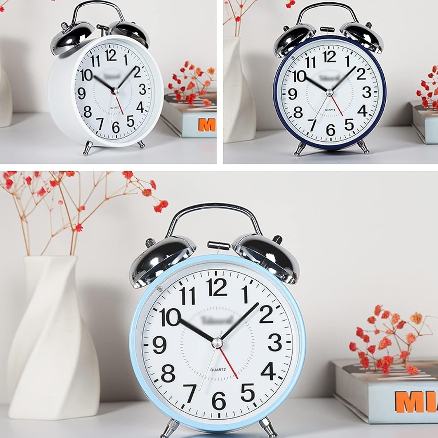 Vintage Twin Bell Alarm Clock Loud Silent Non-Ticking Blue Bedside