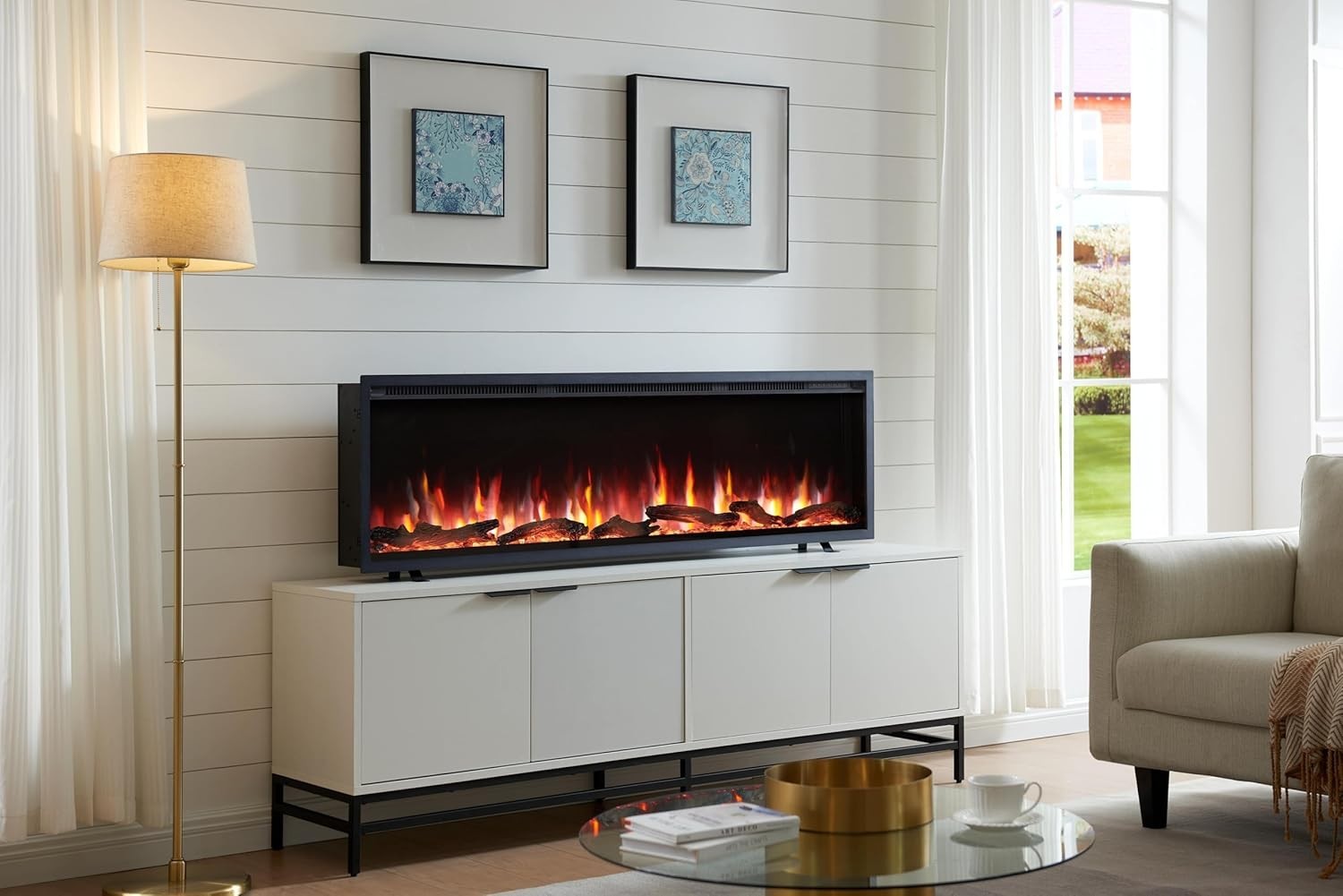 50” Wall Mounted Electric Fireplace LED Heater Fire Log Remote