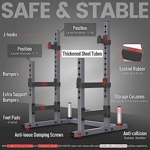 Adjustable Squat Rack Black Heavy-Duty with J-Hooks & Plate Storage