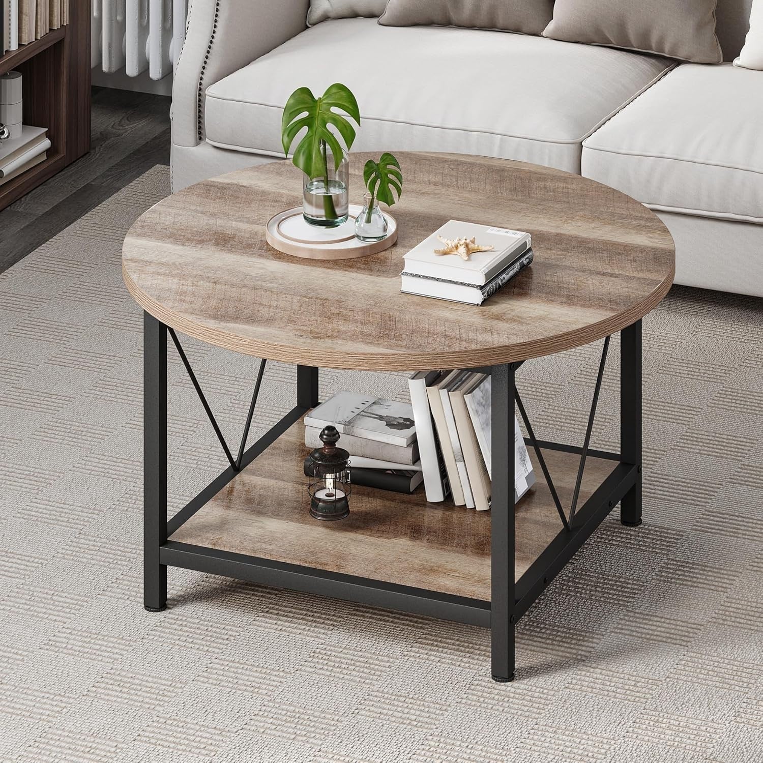 Round Coffee Table with Storage Shelf 80cm Industrial Rustic Metal Legs