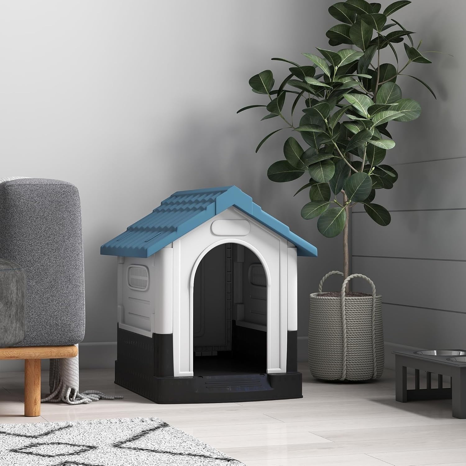 Mini Outdoor Dog House Weatherproof Kennel – Ventilated & Raised Base Blue