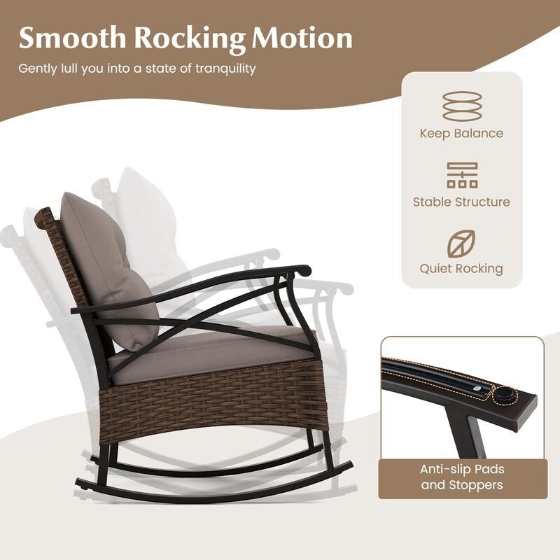 3PC Rattan Rocking Chair Set with Cushions & Glass Table for Garden Patio