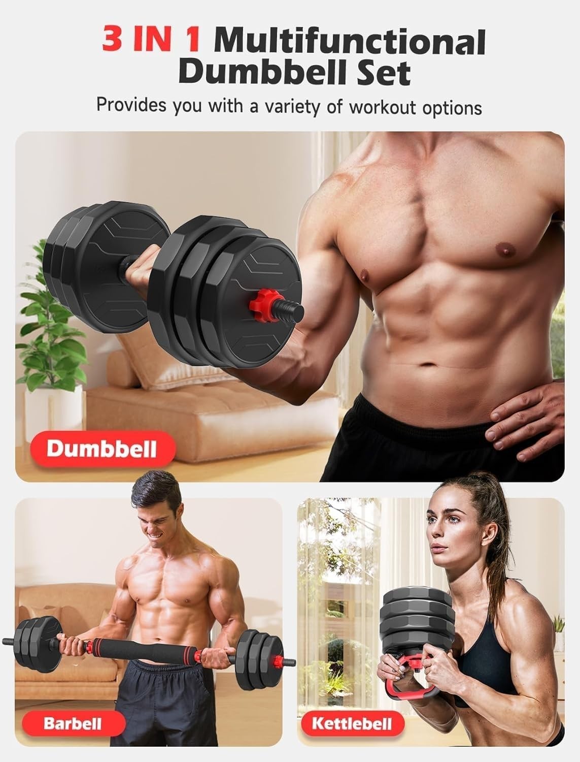Adjustable Dumbbells Set 3 in 1 55–90LB Barbell Kettlebell Home Gym