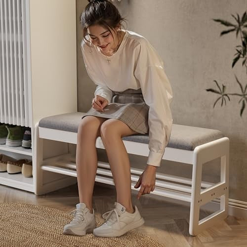 2-Tier White Shoe Storage Bench with Flip-Top & Cushion Seat