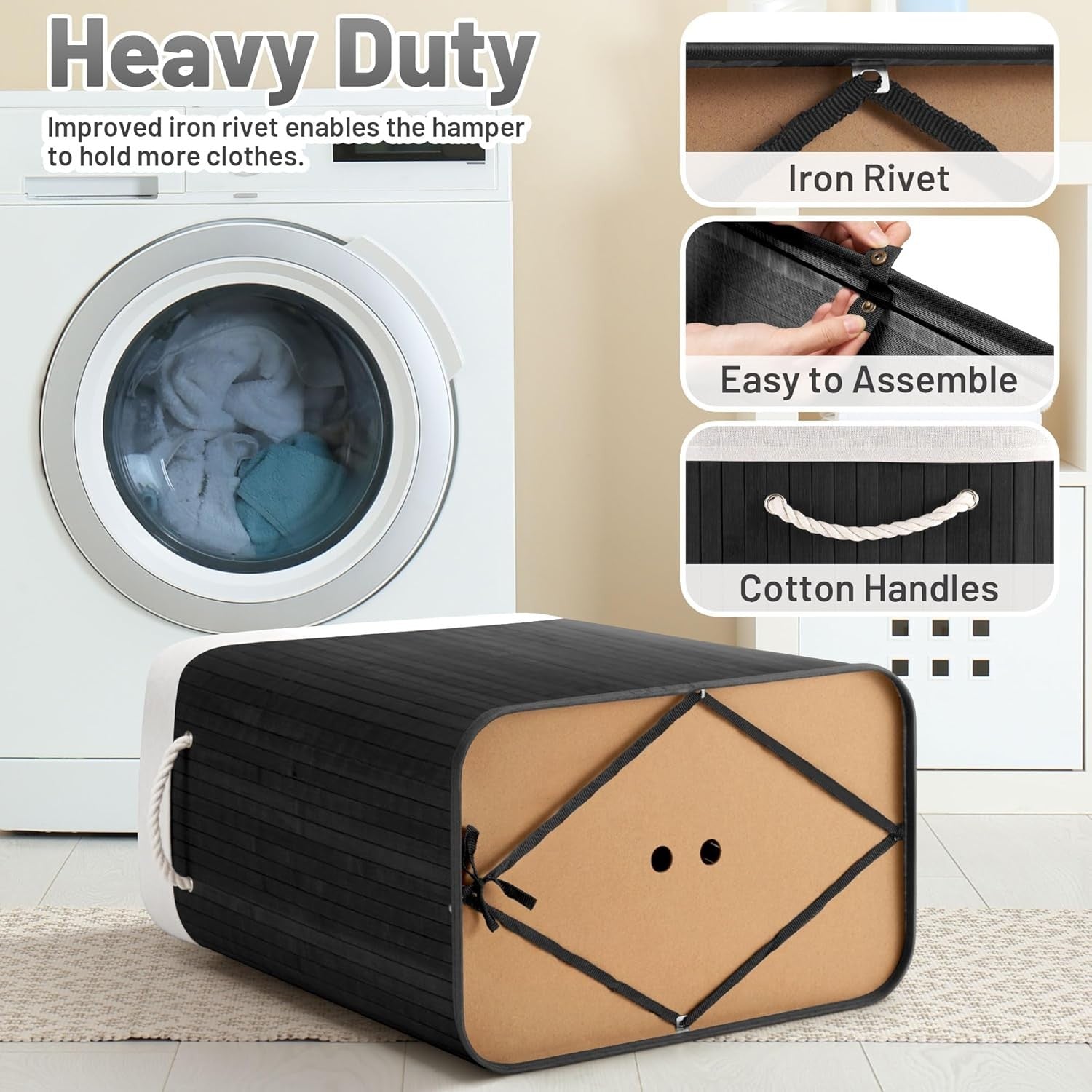 150L Bamboo Laundry Hamper with Lid 3-Section Foldable Clothes Basket Black