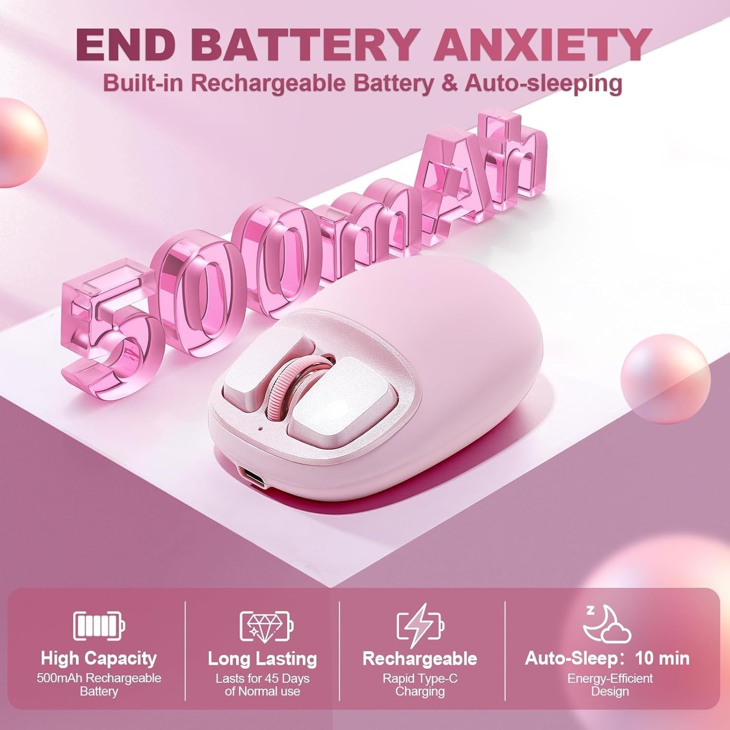 4800 DPI Wireless Mouse Bluetooth 2.4G USB-C Programmable Pink