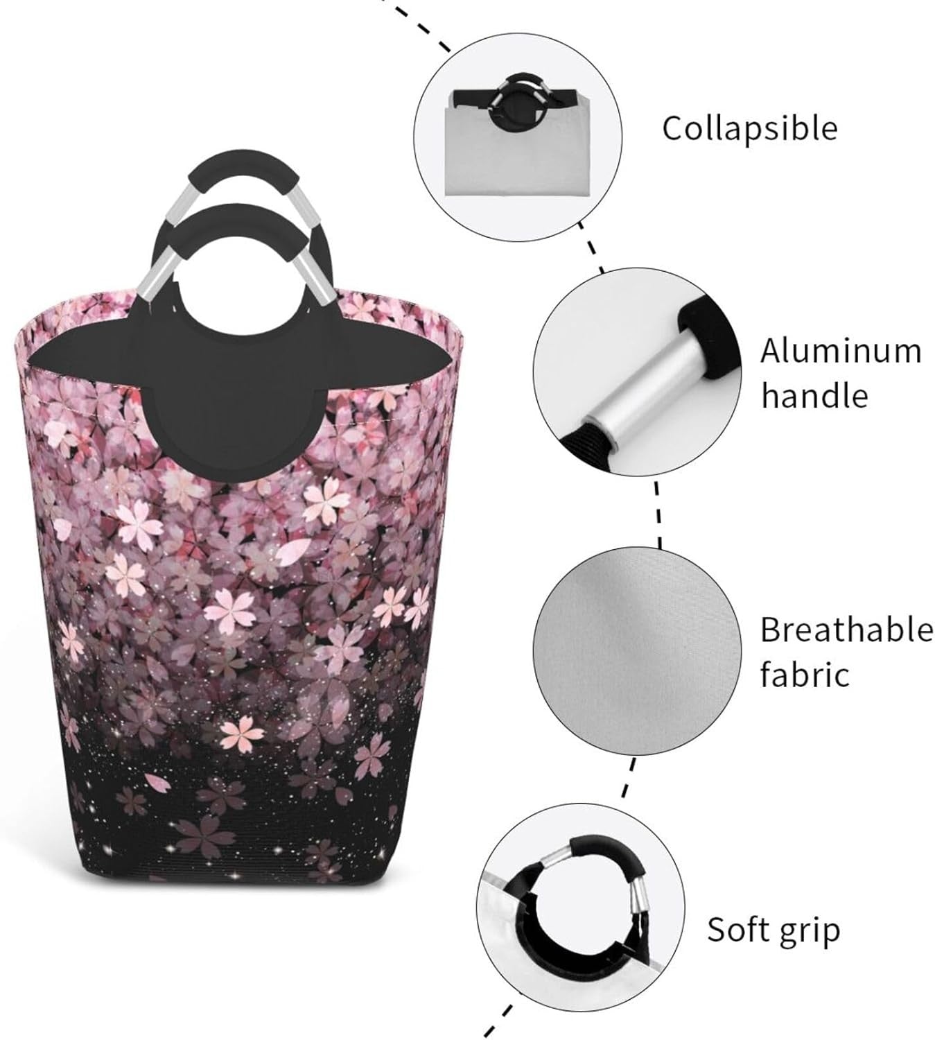50L Cherry Blossom Laundry Basket Foldable Floral Hamper with Handles Pink
