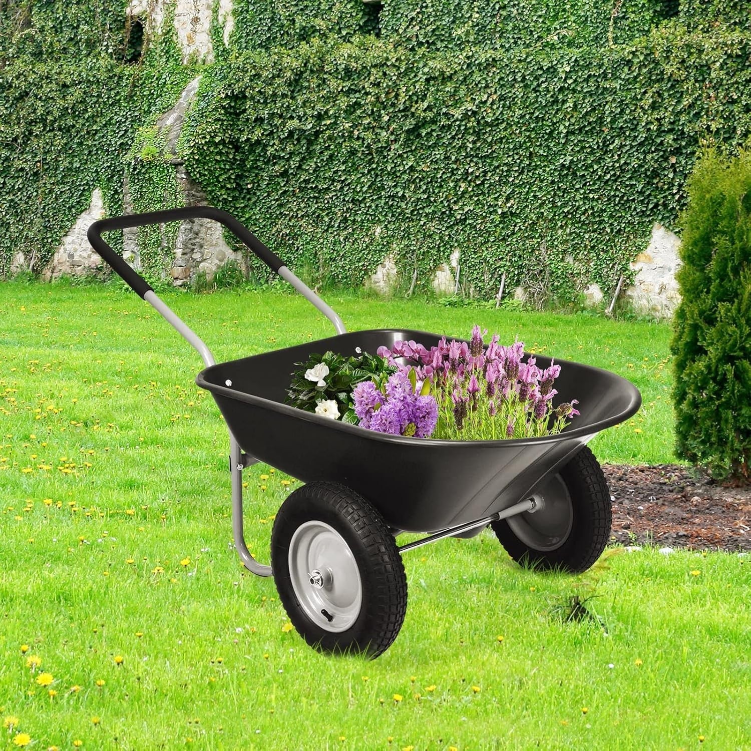 150kg 2-Wheel Garden Black Wheelbarrow – Pneumatic Tyres Heavy Duty Steel Frame