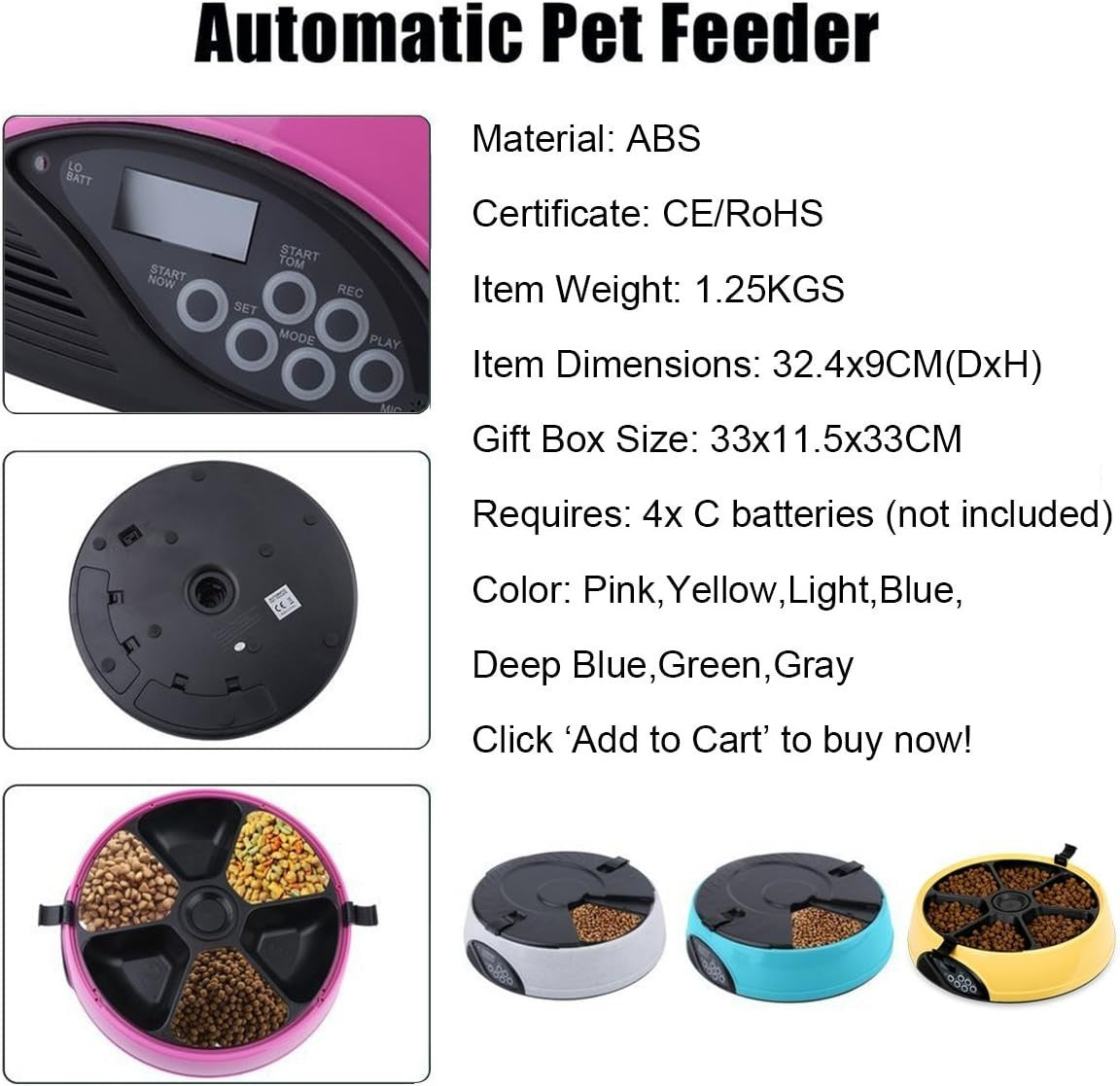 Automatic Pet Feeder 6 Meal Programmable Food Dispenser Voice Recorder Pink