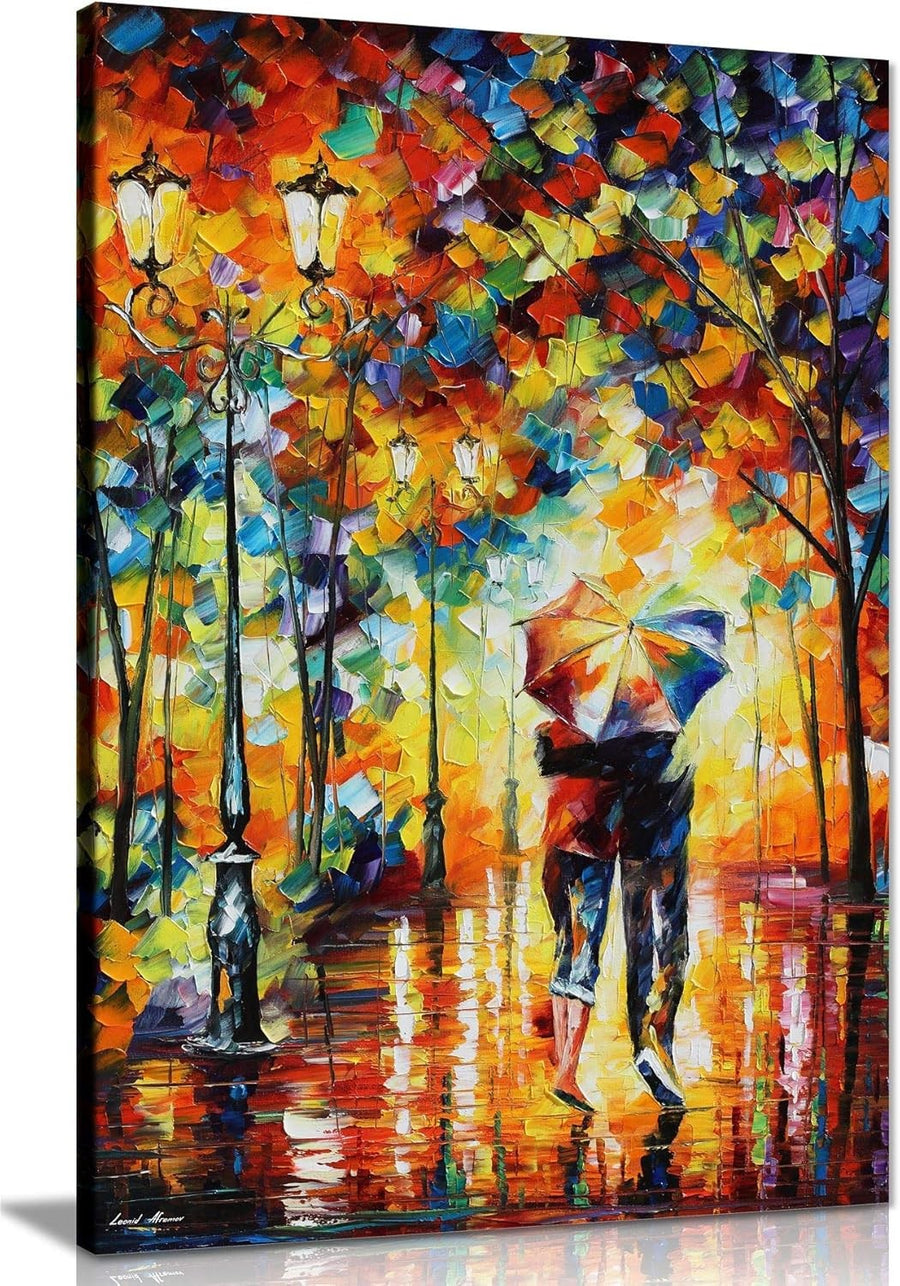 Romantic Couple Umbrella Canvas Wall Art Large Colourful Street Scene 36x24