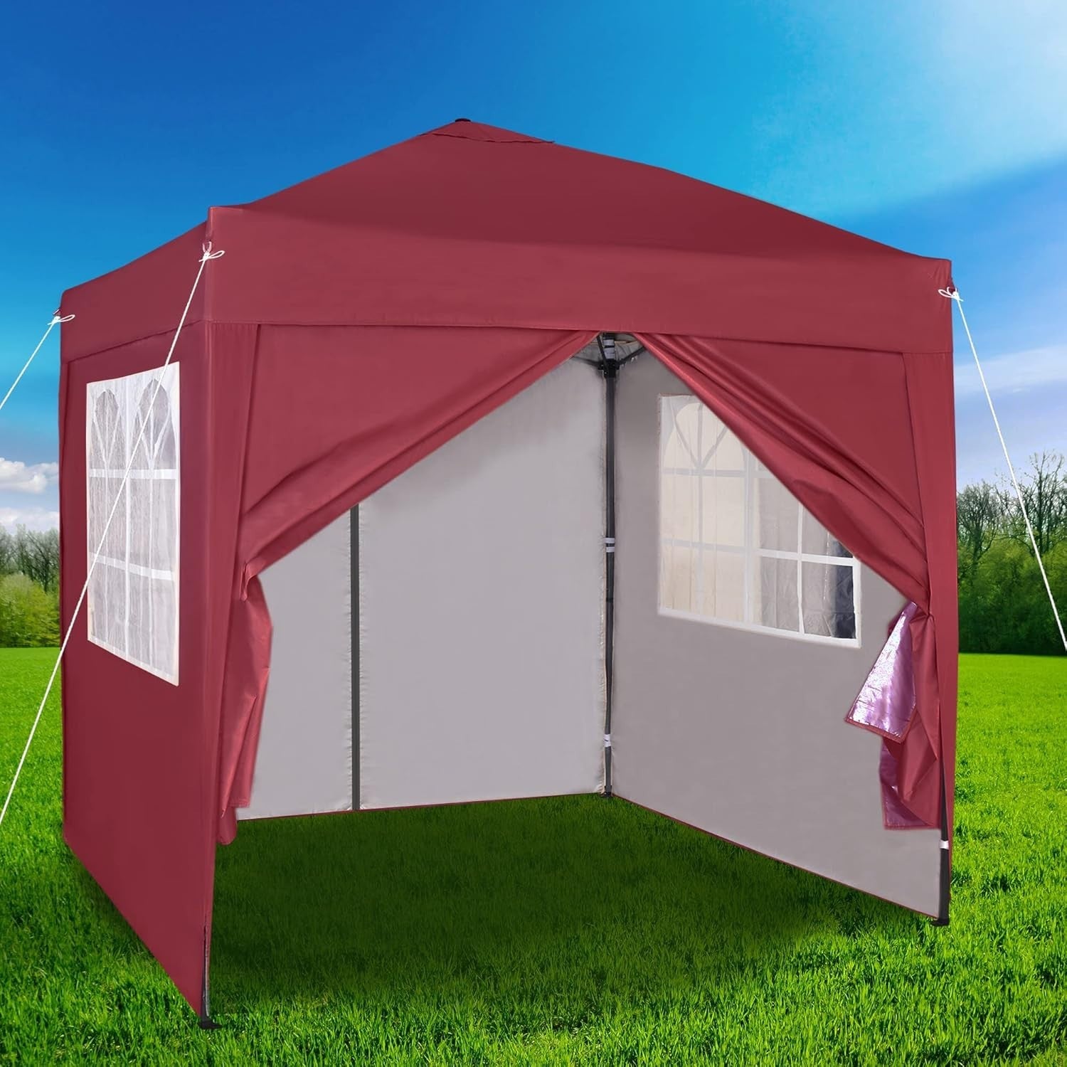 2x2m Pop Up Gazebo Waterproof w/ Sides Red Silver Protective Canopy