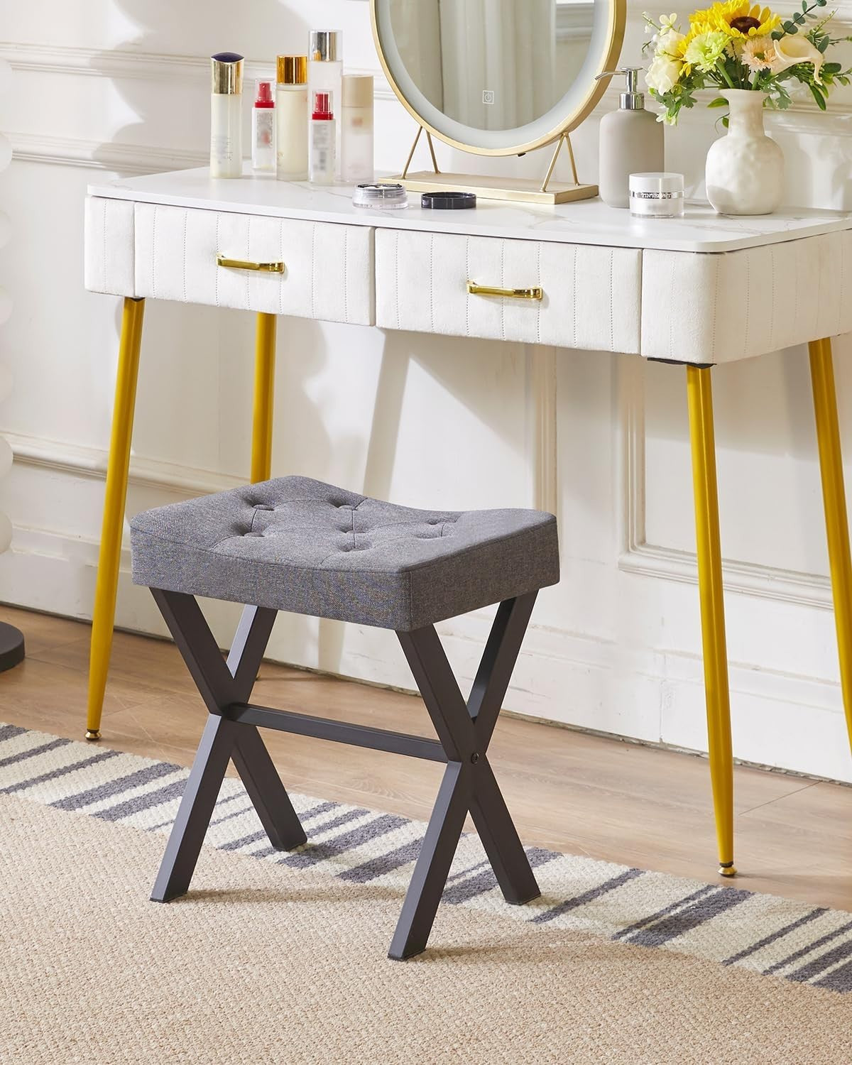 Dark Gray U-Shaped Vanity Stool with X-Leg – Linen Makeup Ottoman Seat