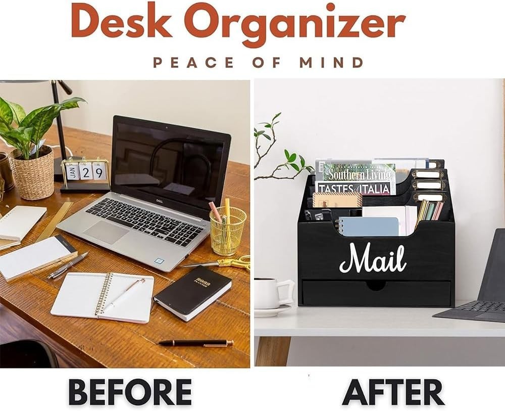 Black Wood Desktop Mail Organizer with 4 Compartments & Drawer