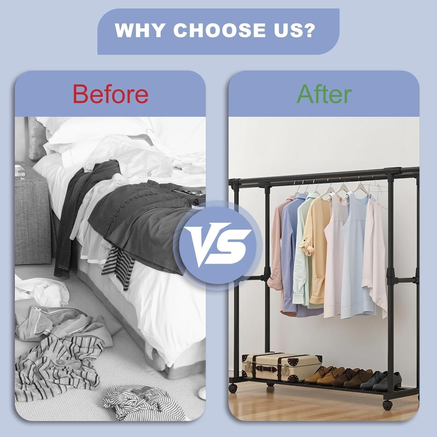 Telescopic Adjustable Clothes Rail on Wheels with Shoe Rack – Black