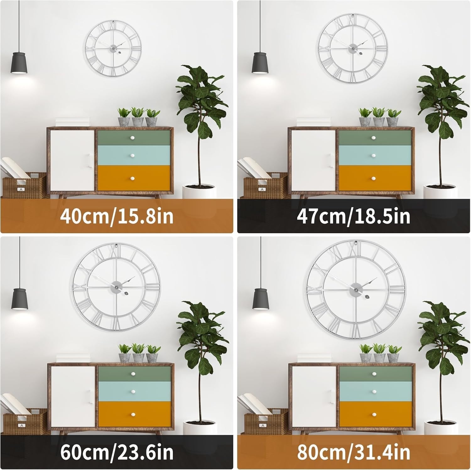 80CM Silent Wall Clock Roman Numerals Large Modern Silver Home Decor