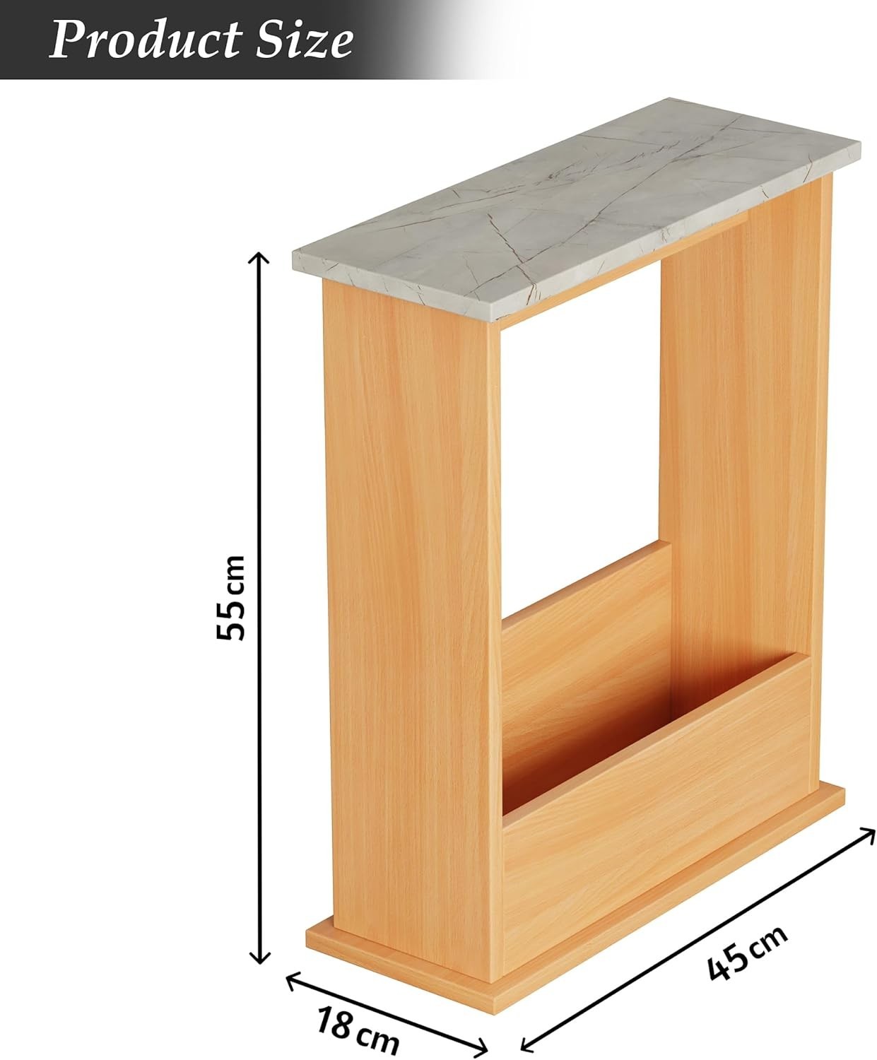 Modern Slim Side Table with Magazine Rack, Marble Top, Compact 55x45x18cm