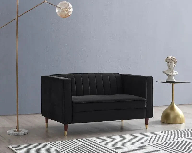 Black Velvet 2 Seater Sofa Ribbed Back Compact Couch Gold Legs UKFR