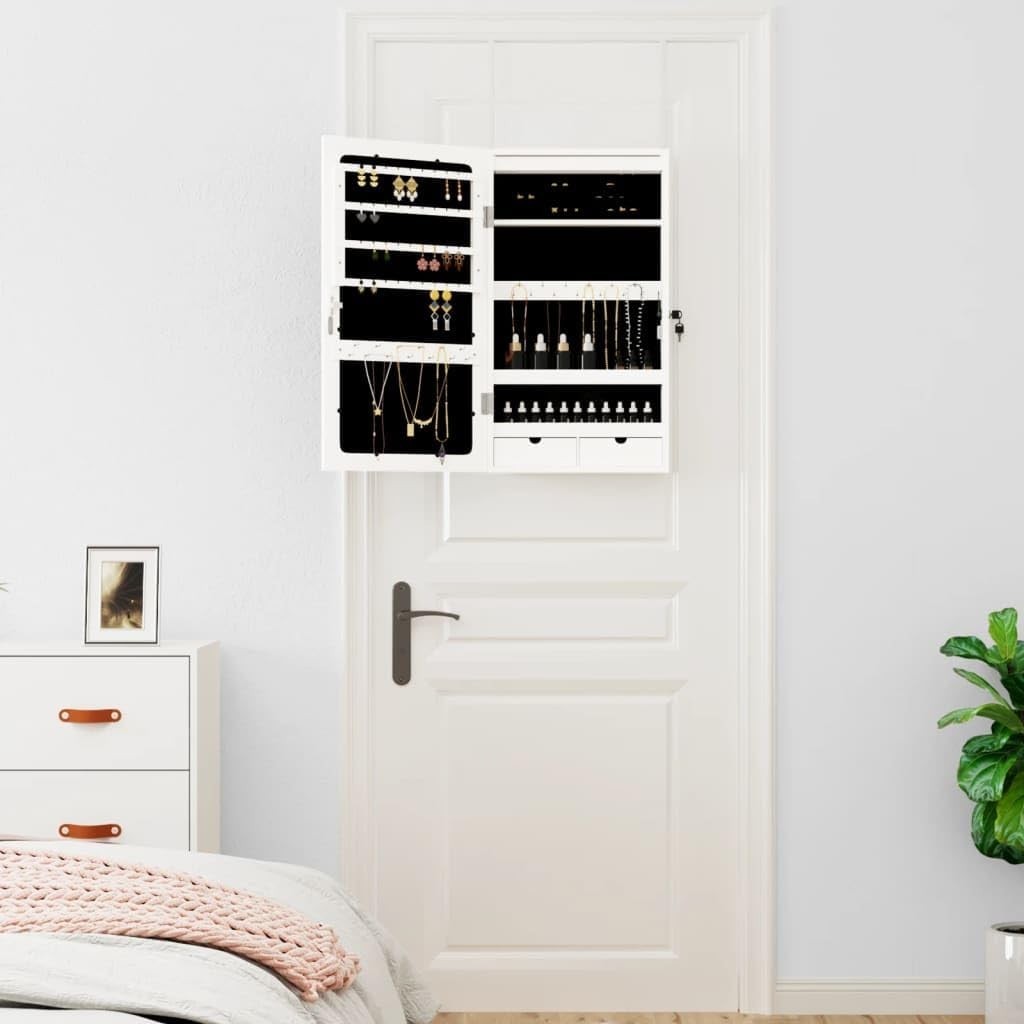 Wall Mounted LED Jewelry Cabinet Lockable Mirror Storage Organizer White