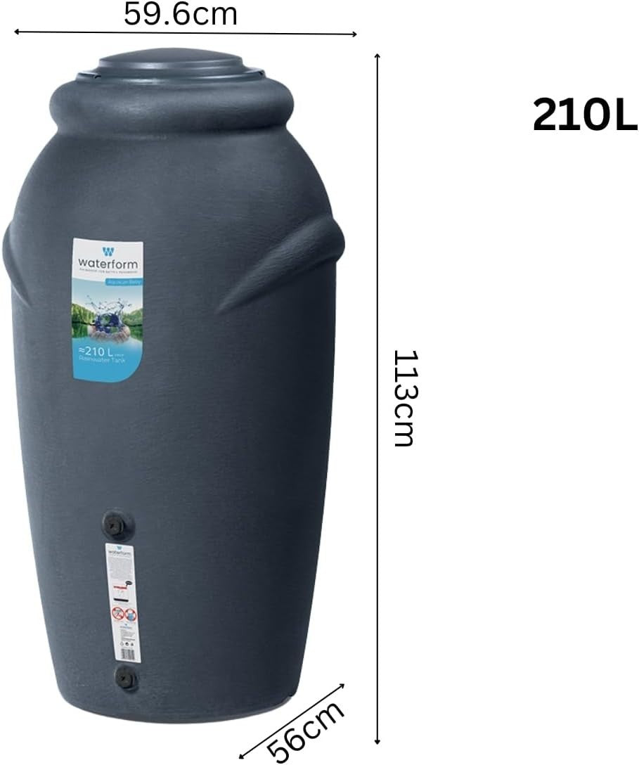 210L Anthracite Garden Water Butt with Tap & Complete Connection Kit