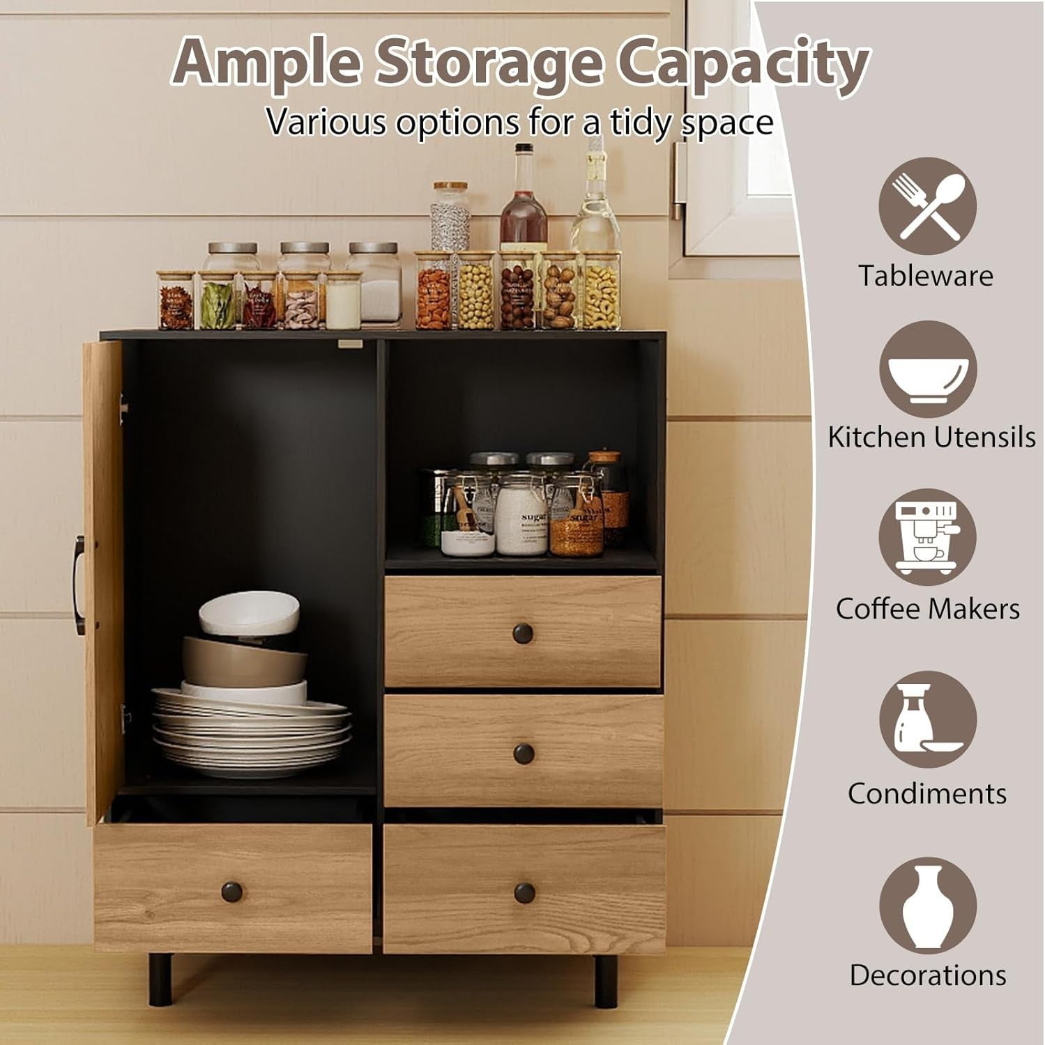 Modern 4 Drawer Sideboard Cabinet with Open Shelf & Anti-Tip Safety Black