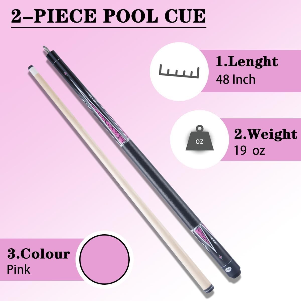 48in Short Pool Cue Stick 13mm Tip 2pc Maple Cue for Small Spaces 19oz