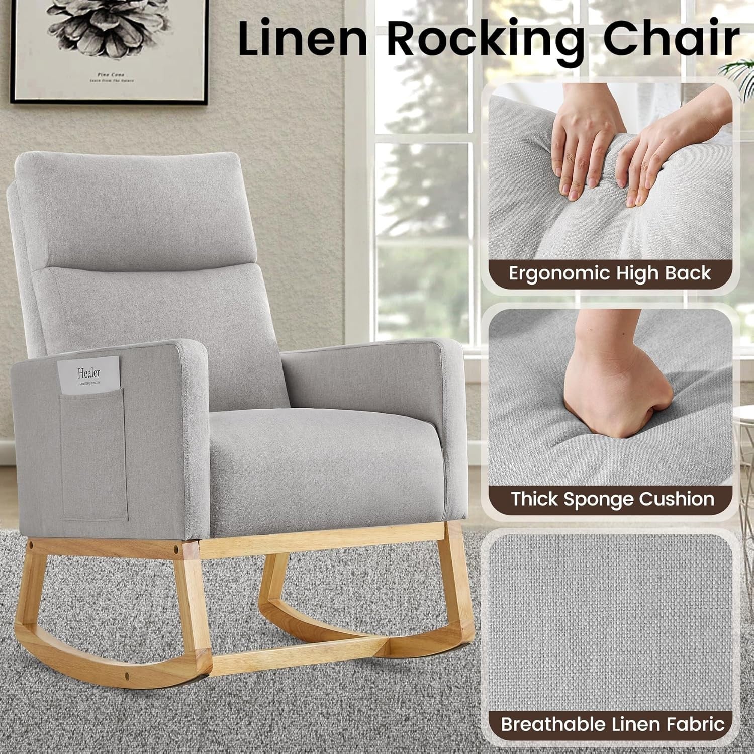 Ergonomic High Back Nursing Rocker with Side Storage & Sturdy Wooden Base