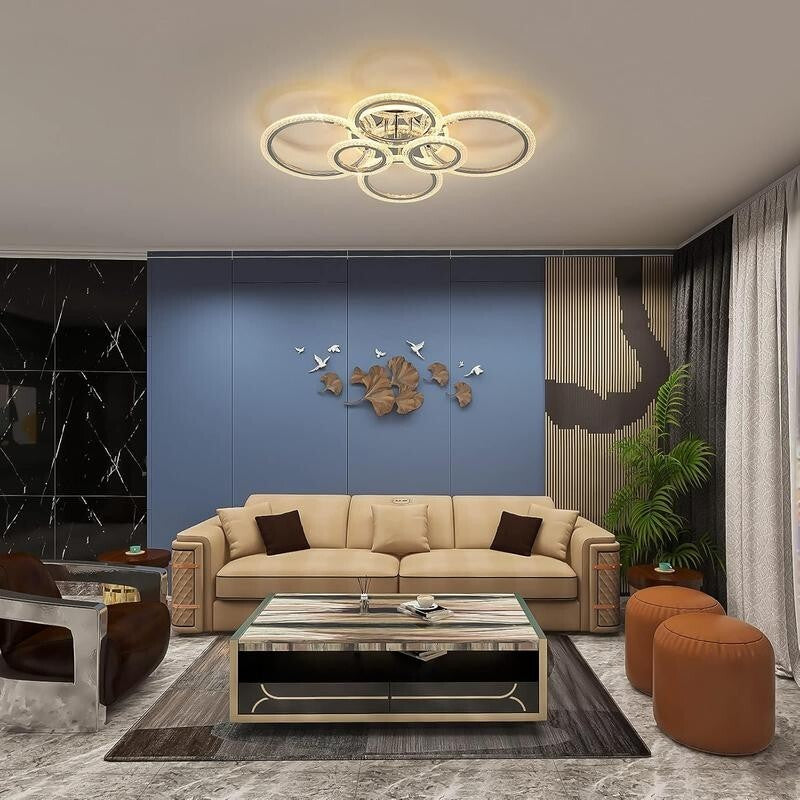 Modern LED 6 Ring Ceiling Light Chrome 76W Dimmable Flush Mount Remote