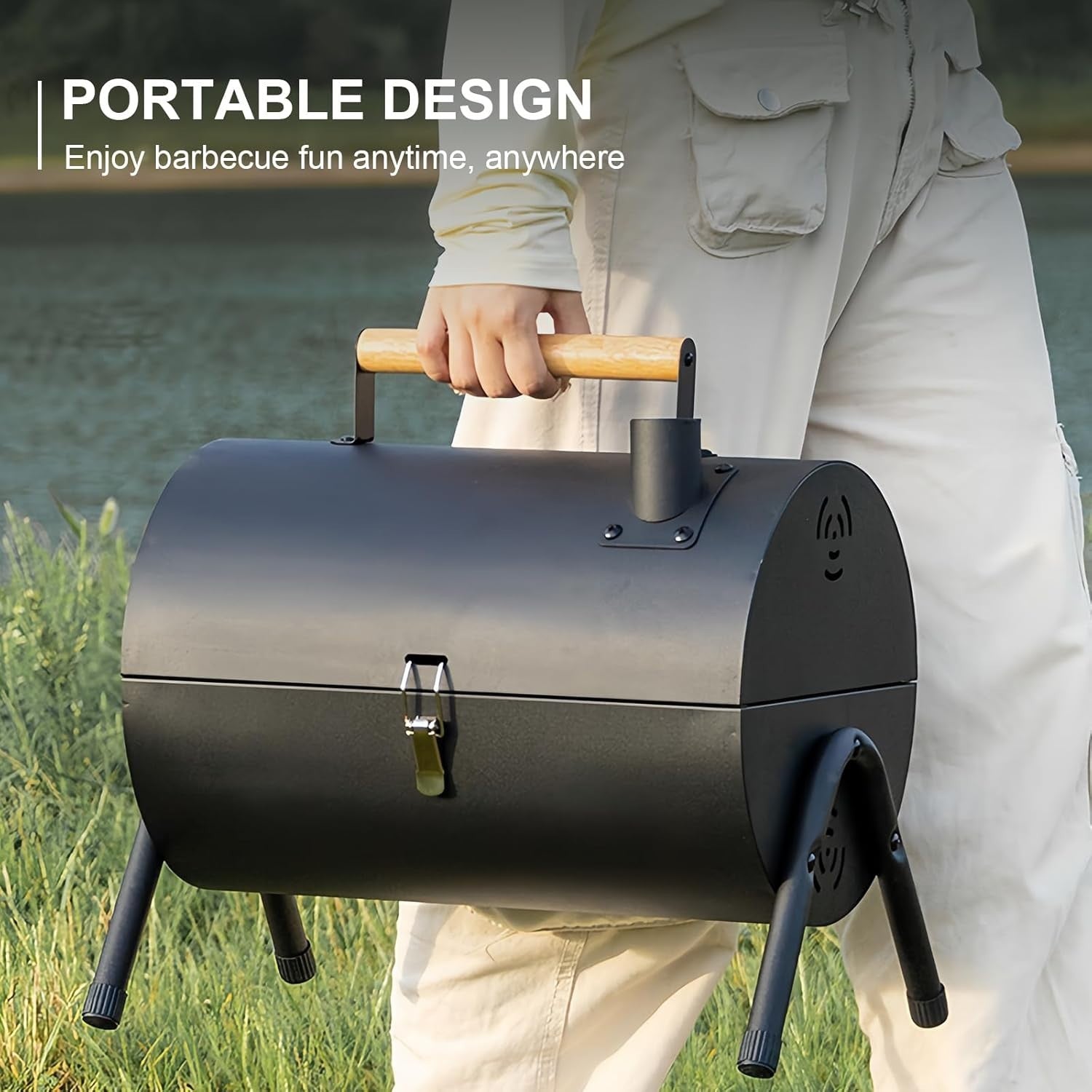 Portable Charcoal BBQ Grill with Thermometer Barrel Smoker Camping Outdoor