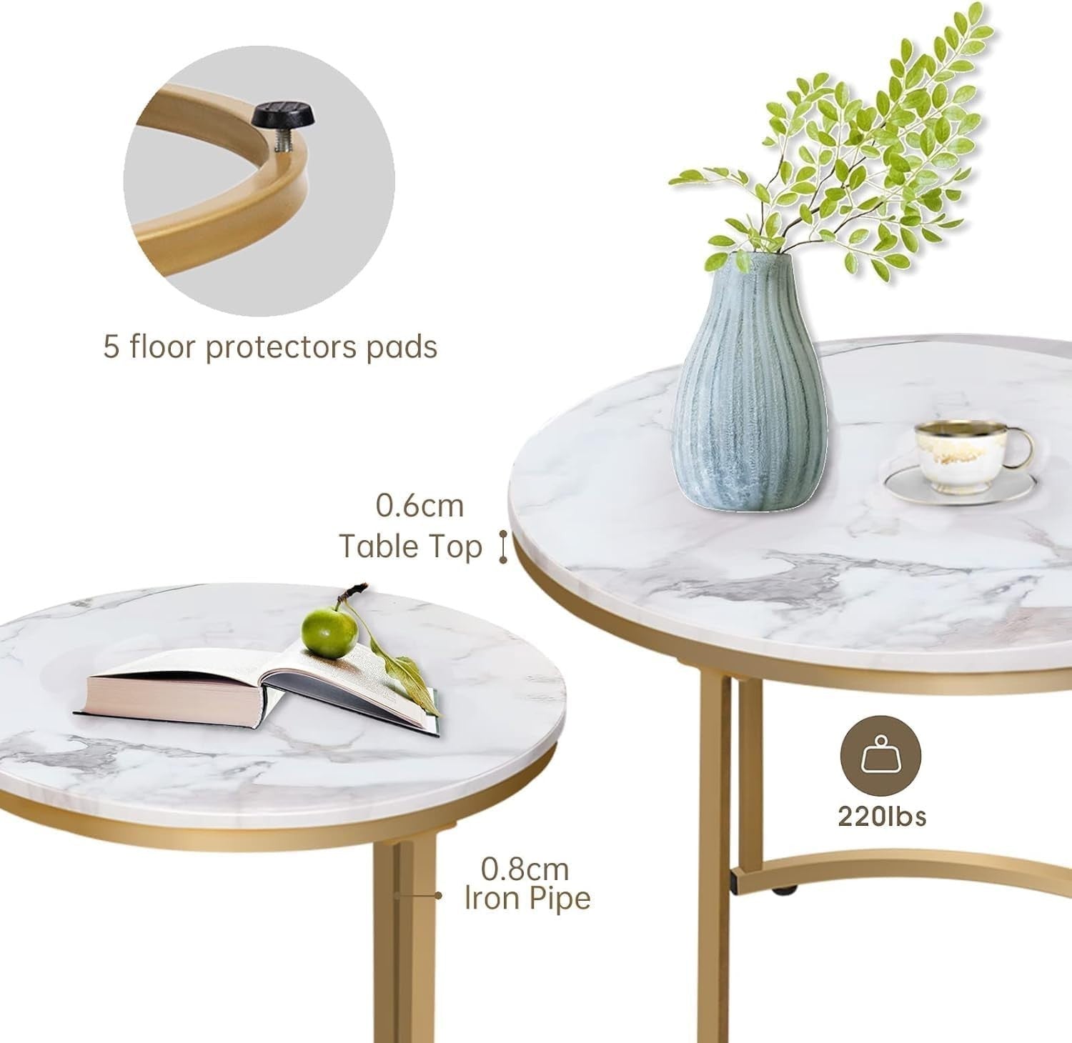 Round Gold Nesting Coffee Table Set White Marble Top Modern Side End Tables