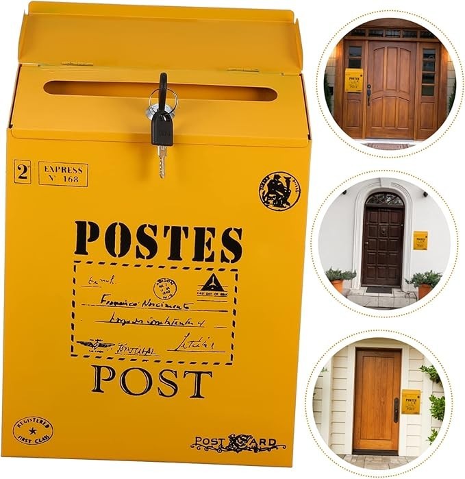 Lockable Vintage Wall Mounted Mailbox Iron Post Box Yellow Secure Outdoor
