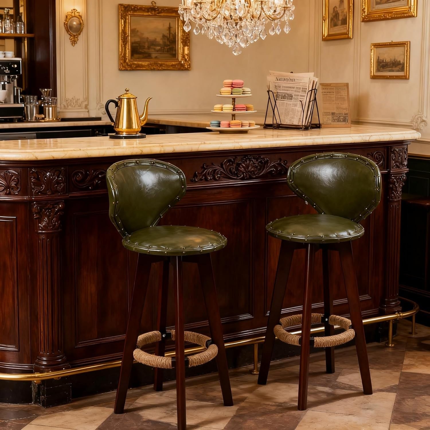 Swivel Bar Stools 2pcs Green Faux Leather High Counter Kitchen Chairs