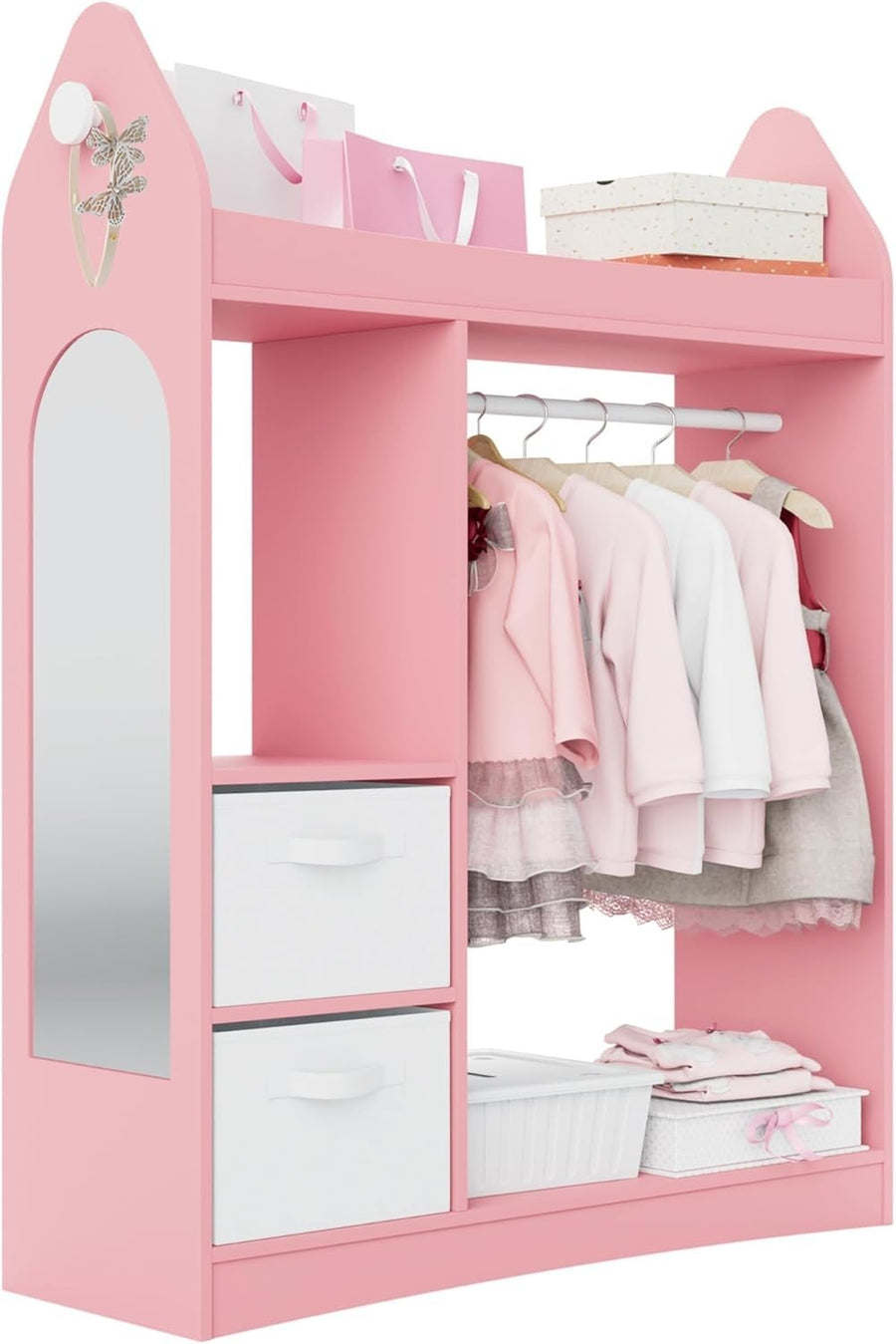 Kids Wardrobe with Mirror, 2 Drawers & Hanging Rail, Pink Rocket Design