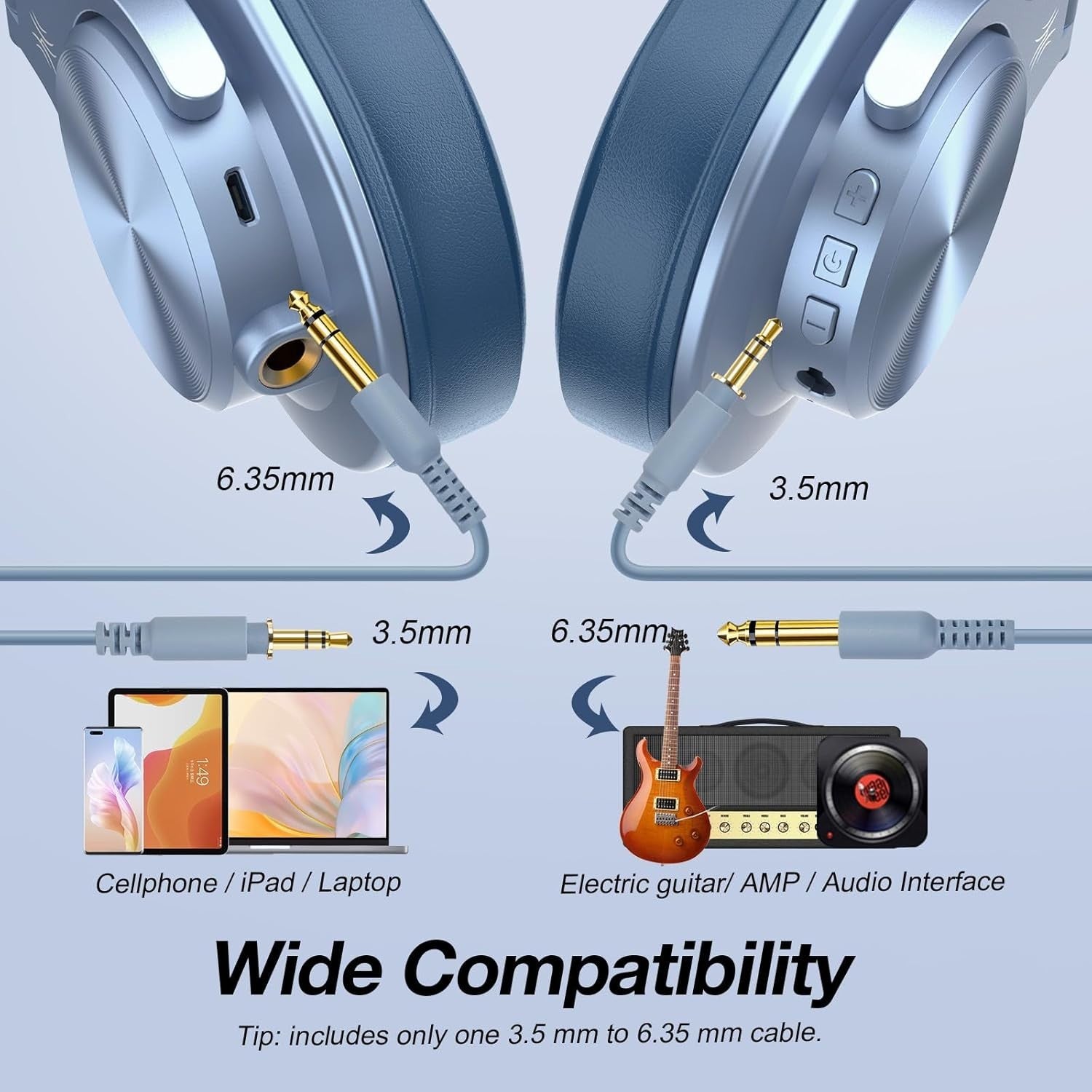 OneOdio A70 Blue Over Ear Headphones Wireless Wired DJ Studio 72H Playtime