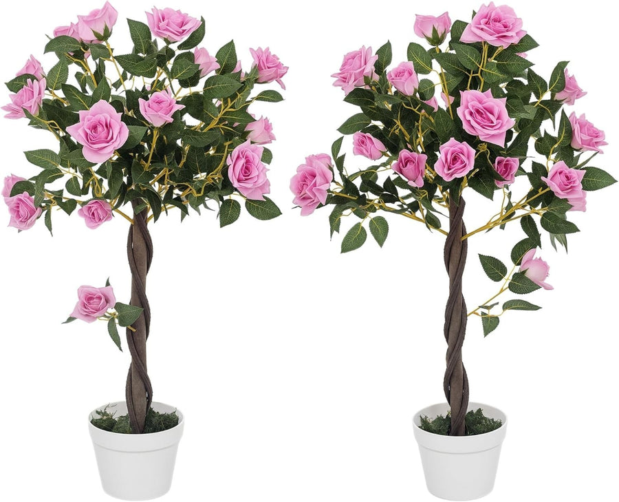 Set of 2 Artificial Rose Trees 90cm Purple Faux Flower Plants Home Garden Decor