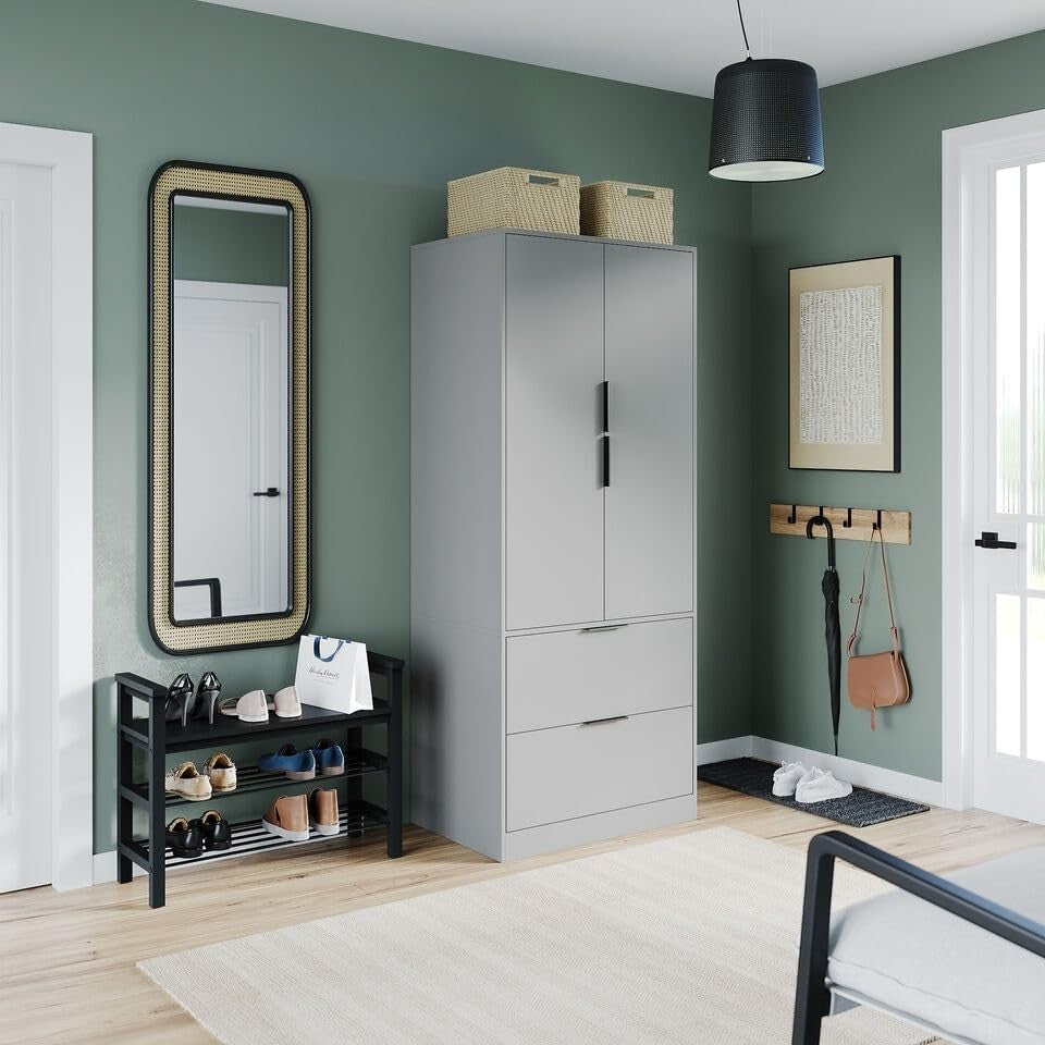 Grey Wardrobe 2 Door 2 Drawer Hanging Rail Shelf Bedroom Storage Unit