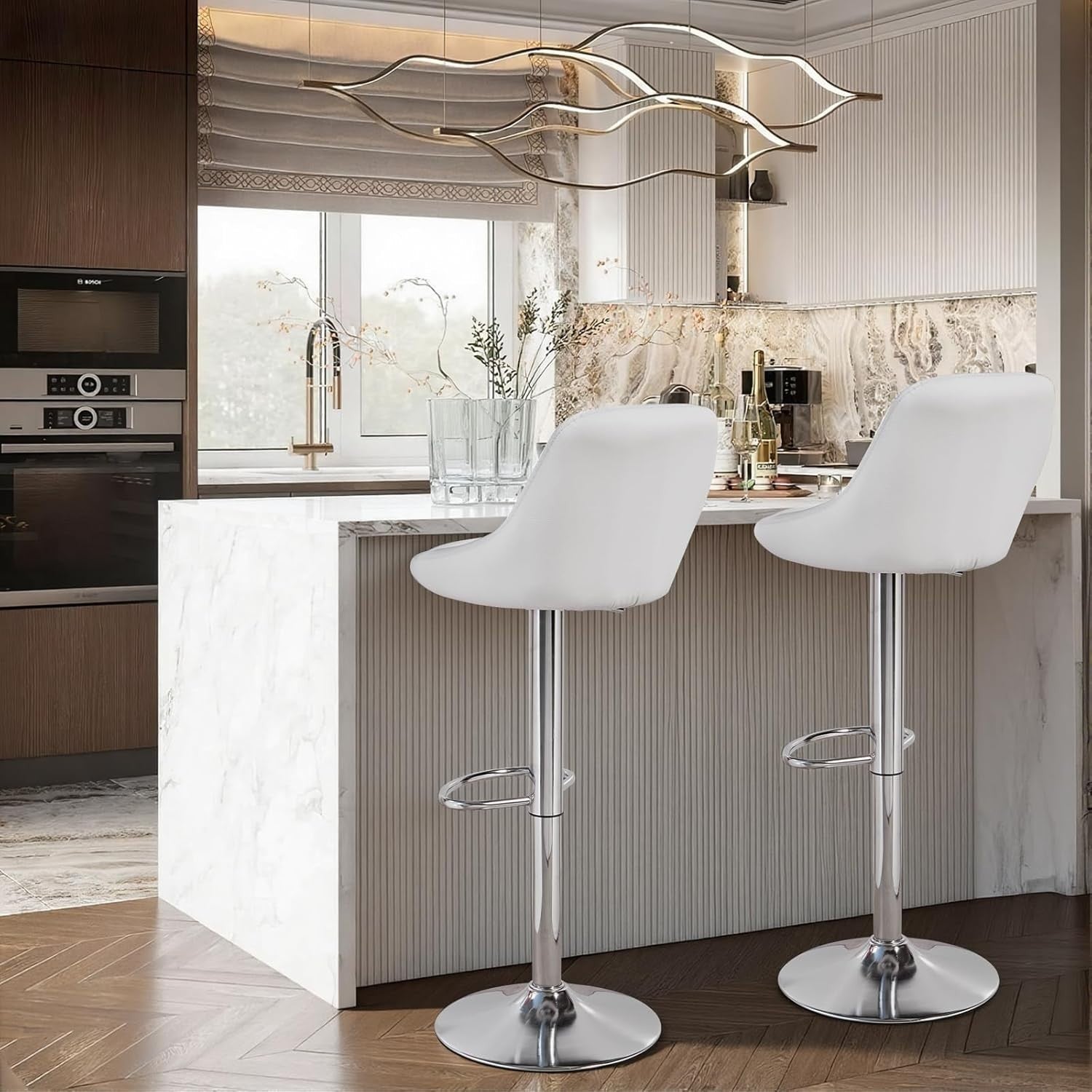 Set of 2 Adjustable Swivel Bar Stools – White Rectangular