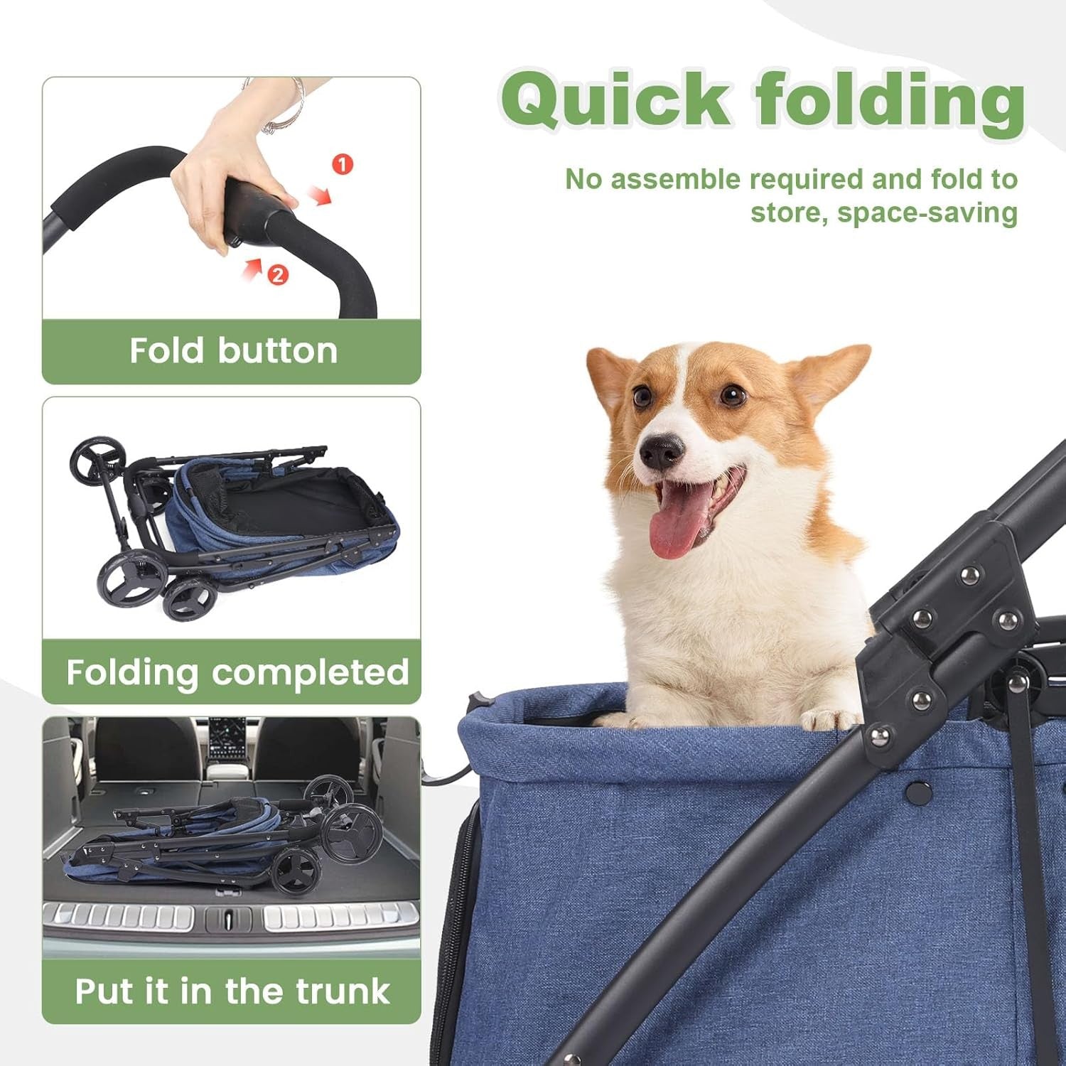 Navy Pet Stroller 4 Wheel Heavy Duty Foldable Jogger Pram Small Medium Dogs